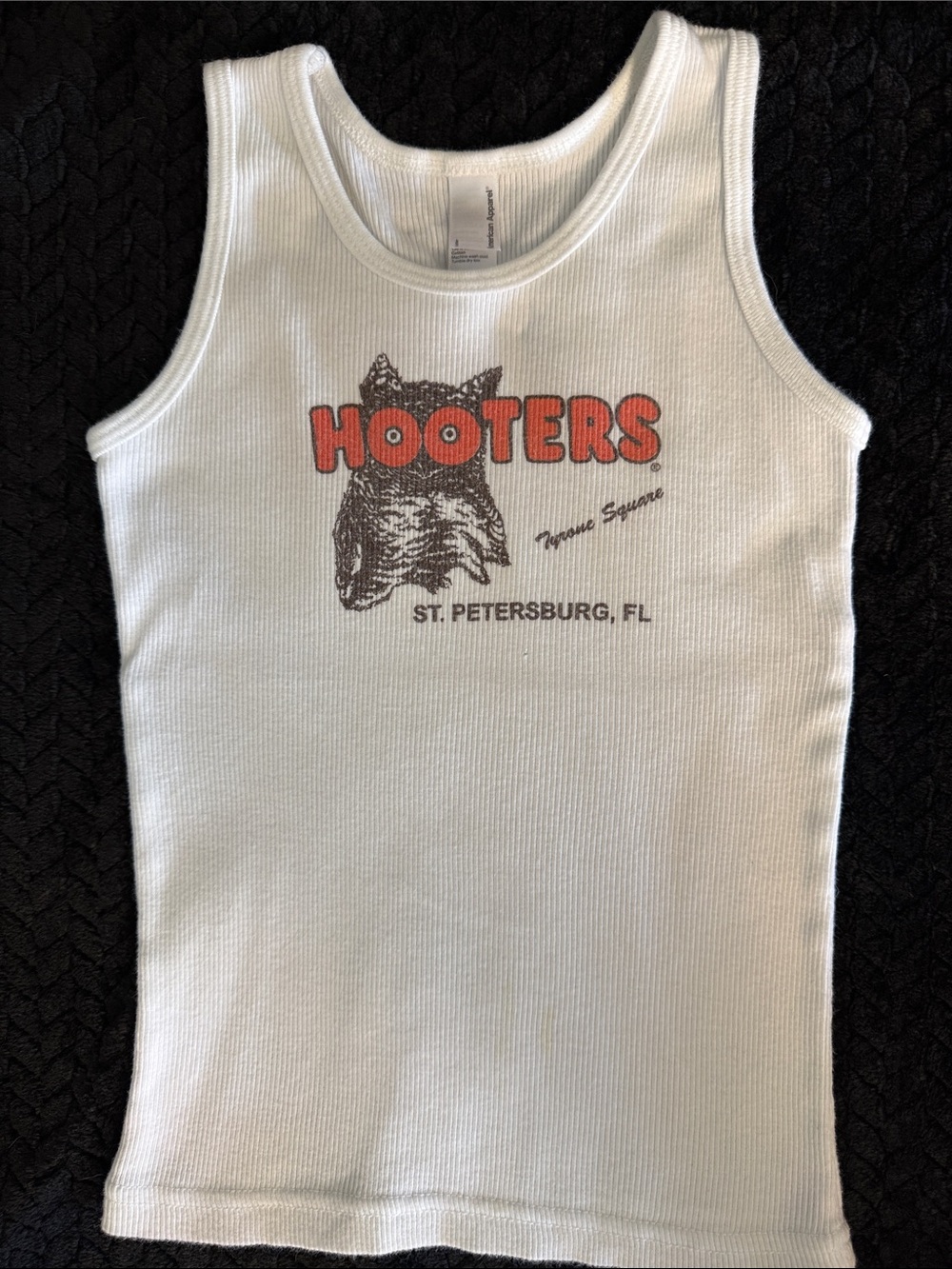 American Apparel White Ribbed Kids Tank Top with Orange Hooters Logo